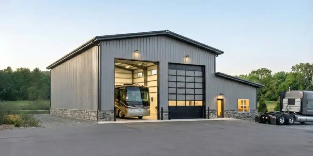 Steel building exterior with equipment